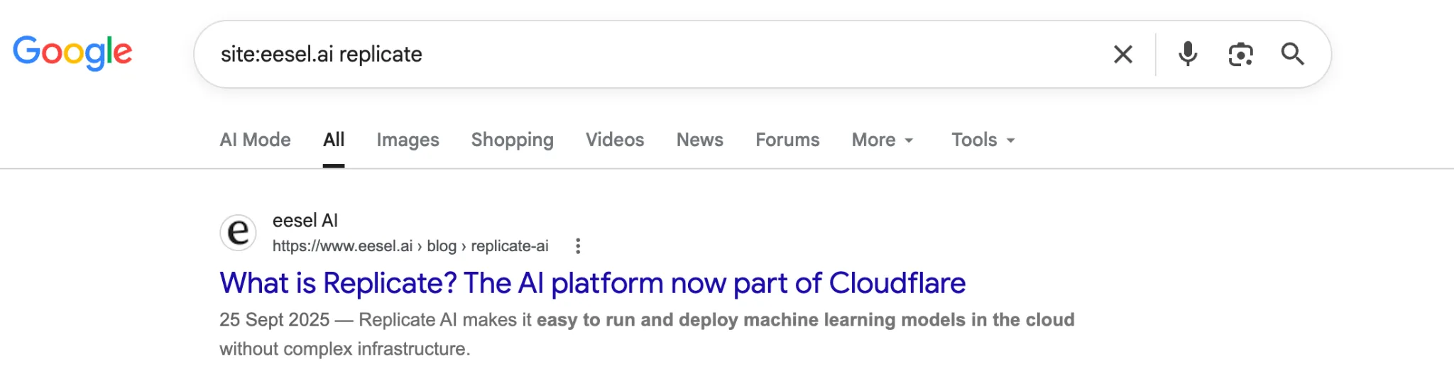 Google search result showing an eesel AI article about Replicate