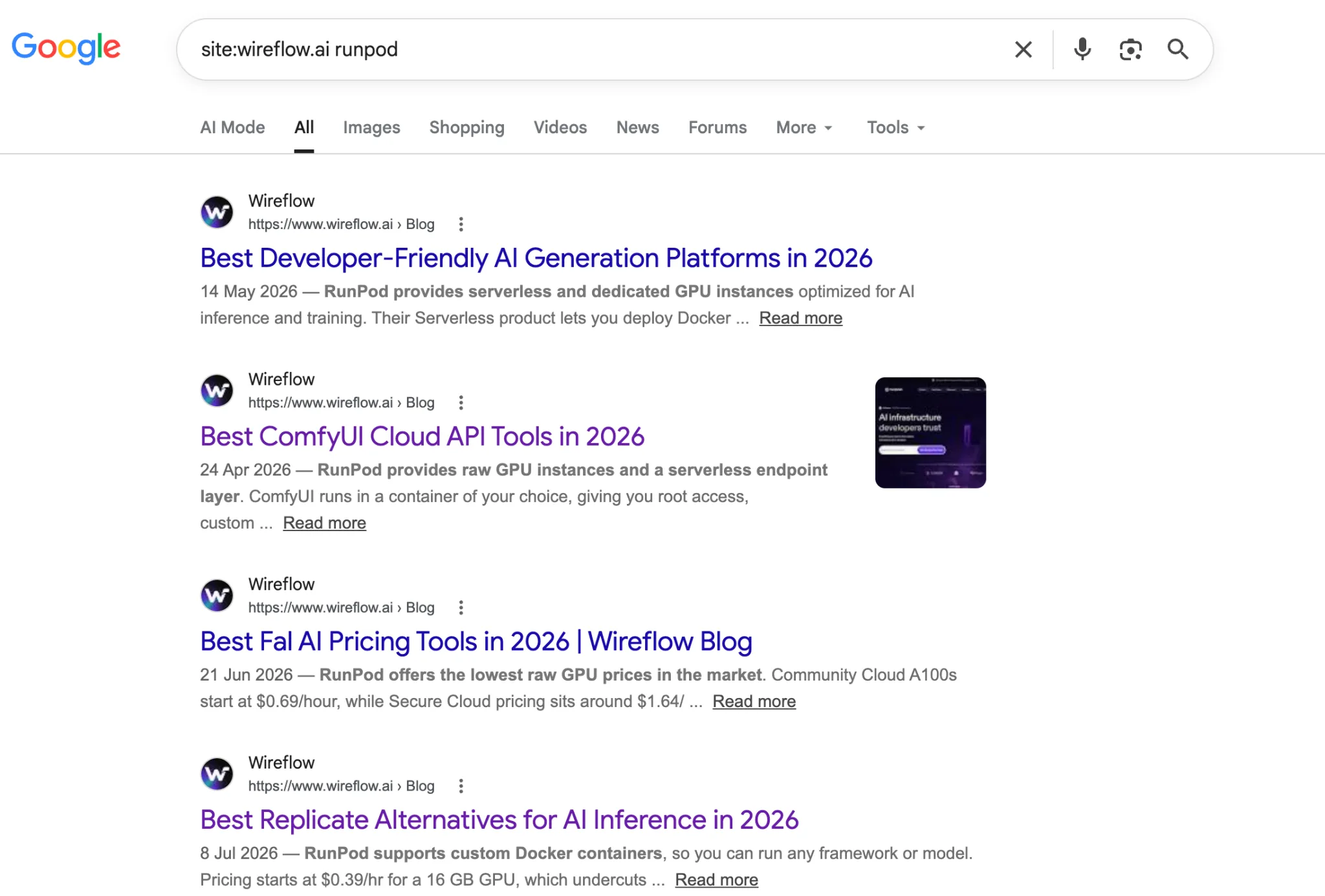 Google search results showing Wireflow articles about RunPod